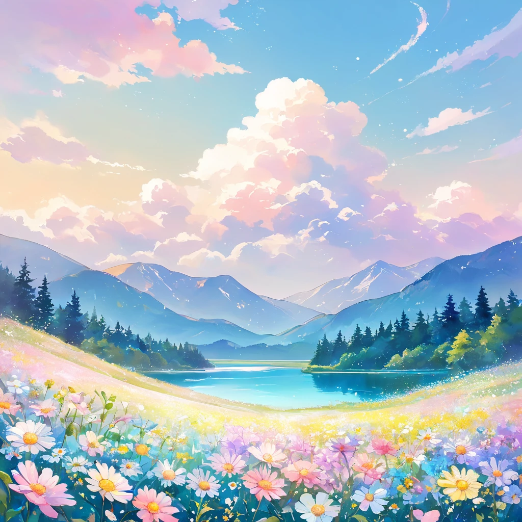 ((pastel、  watercolor style  ))、happiness, The background is clear sky,  Moderate Blur  , Flower Field, glitter,nature,Mountains and Lakes, Illuminations