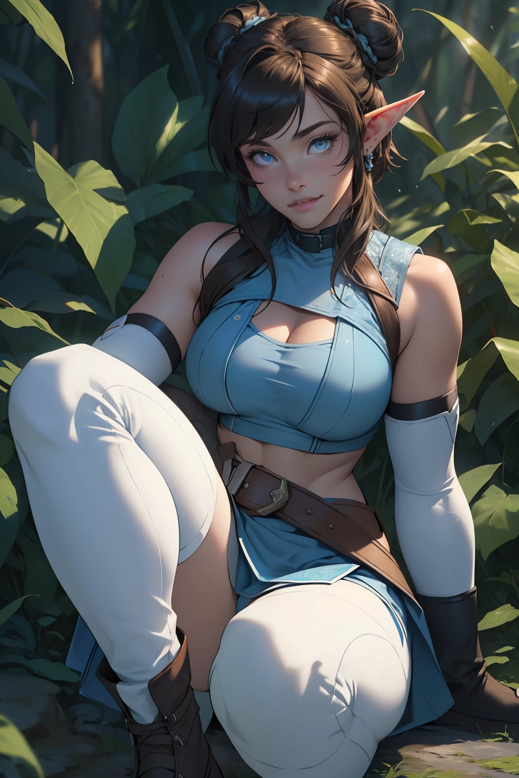 Korra da avatar,(best quality, 4K,8k,high resolution,work of art:1.2)(weather: showing), tundra background, artic village, wide hips, long curly hair, brown hair, freckles, sleeveless crop top, fur belt, bodycon winter skirt, leggings, winter boots, elbow long gloves, light makeup, dark eyeliner, blush, flirting pose, earrings, glowing eyes, ultra detailed, portrait, realistic, beautiful detailed blue eyes, beautiful detailed lips, extremely detailed eye and face, long eyelashes,average, large breasts, flying hair, beaming smile, sexy smile, powerful girl, bright coloured, dramatic lighting, blue flames, a beautiful elf girl training, short brown hair, double bun hairstyle, blunt bangs, blue eyes, hair ornament, detailed face, elegant pose, mystical forest background, cinematic lighting, (best quality,4k,8k,highres,masterpiece:1.2),ultra-detailed,(realistic,photorealistic,photo-realistic:1.37), LAUFEN, SHORT HAIR, DOUBLE BUN, BLUNT BANGS,