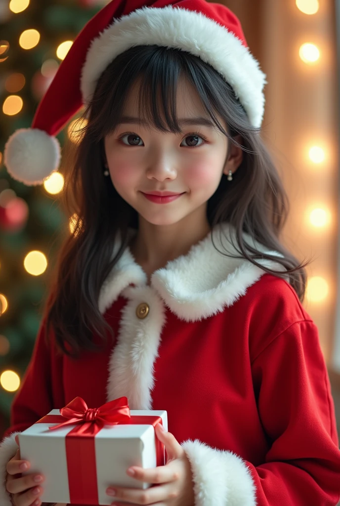Best-quality, Masterpiece, Ultra-High-Resolution, (Photorealistic:1.4), Raw-Photo, Extremely-Details, Perfect-Anatomy, 1girl, 10-years-old, the most famous Japanese idol, (((wearing Santa-Craus's long-length-costume))), extremely cute and extremely childish face like a most popular Japanese idol, extremely beautiful big-black-solid-circle-eyes, extremely beautiful realistic-skins, detailed Santa-Craus's-long-costume