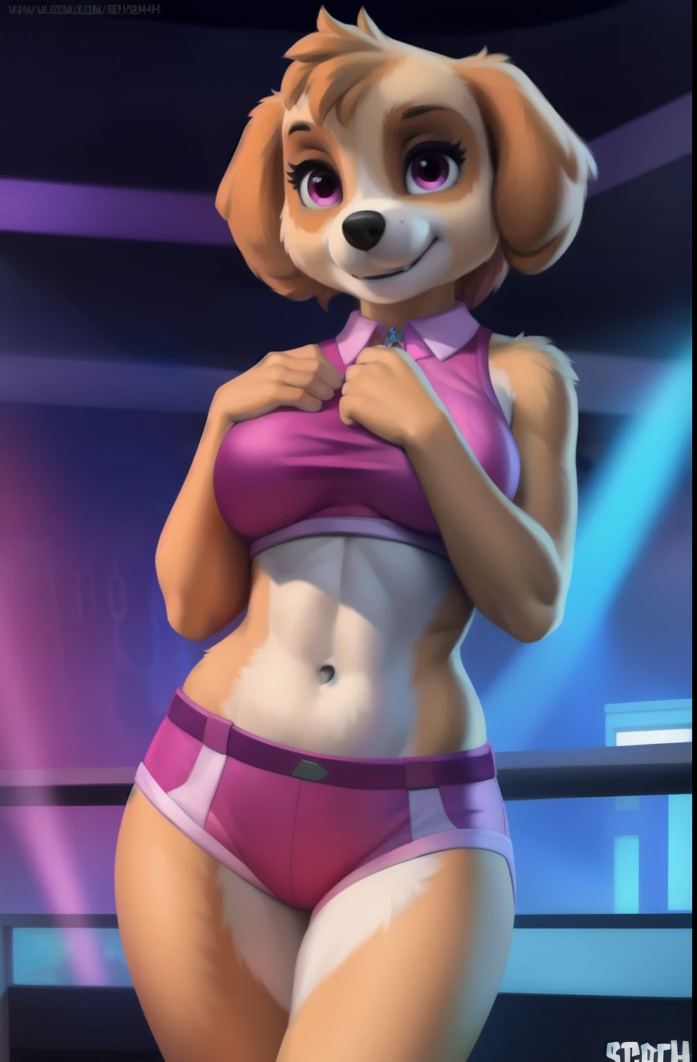 Gay anthro femboy dog with a big bulge in feminine outfit