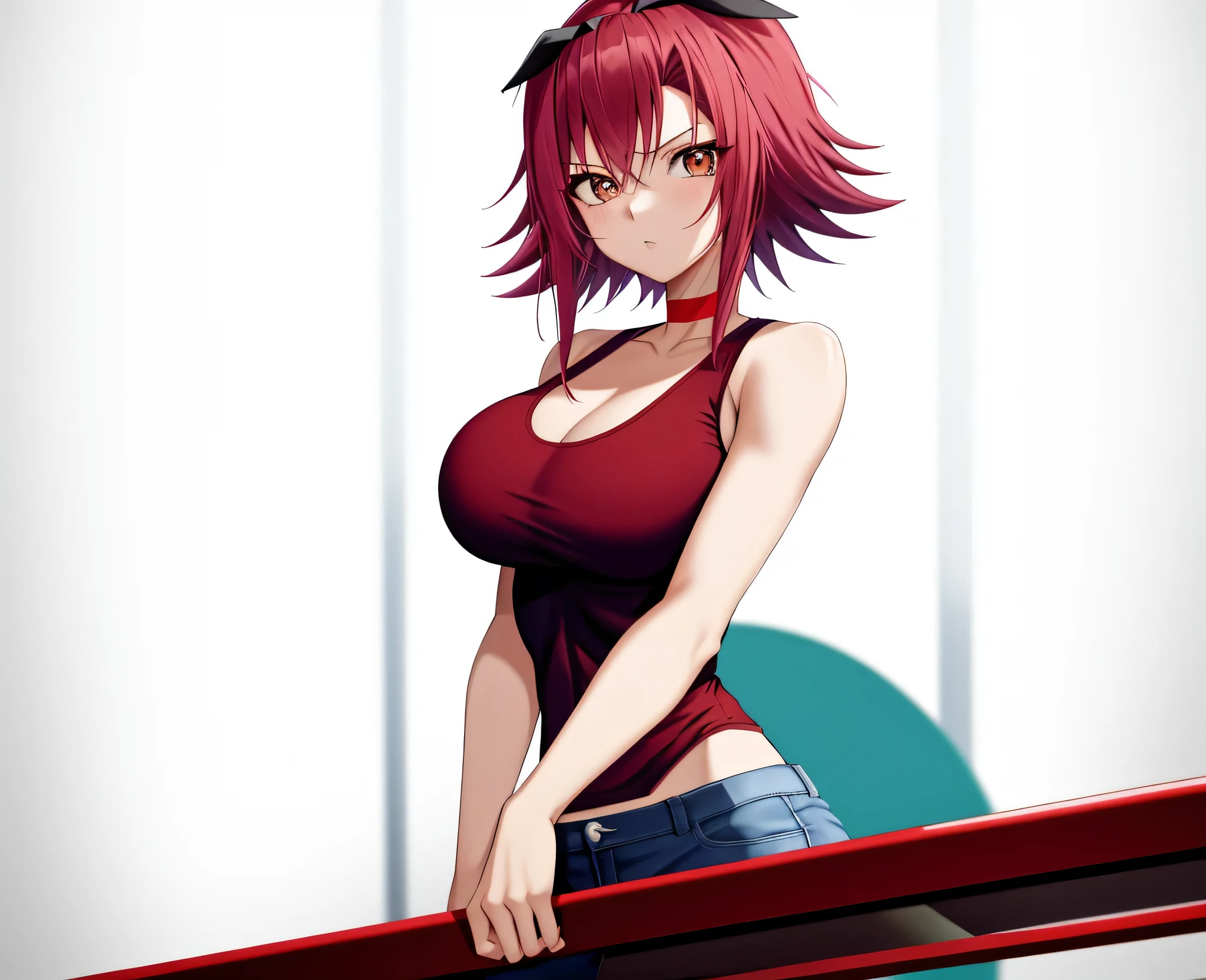 床に立っている red hairのAnime Women, Anime Women,  anime styleキャラクター, clothing: black tank top , A woman wearing denim shorts,  anime styleで, Big Breasts,  woman with very large breasts,  anime style,  anime style, Muscular Woman, Knight of the Zodiac Girl, Short Hair,  red hair,  Teal Eyelids, In anime style, feminine and muscular,  Skin Tight Tank Top , Bare Arms, Bare shoulders, Alone, looking at viewer, Female focus,  cowboy shots,