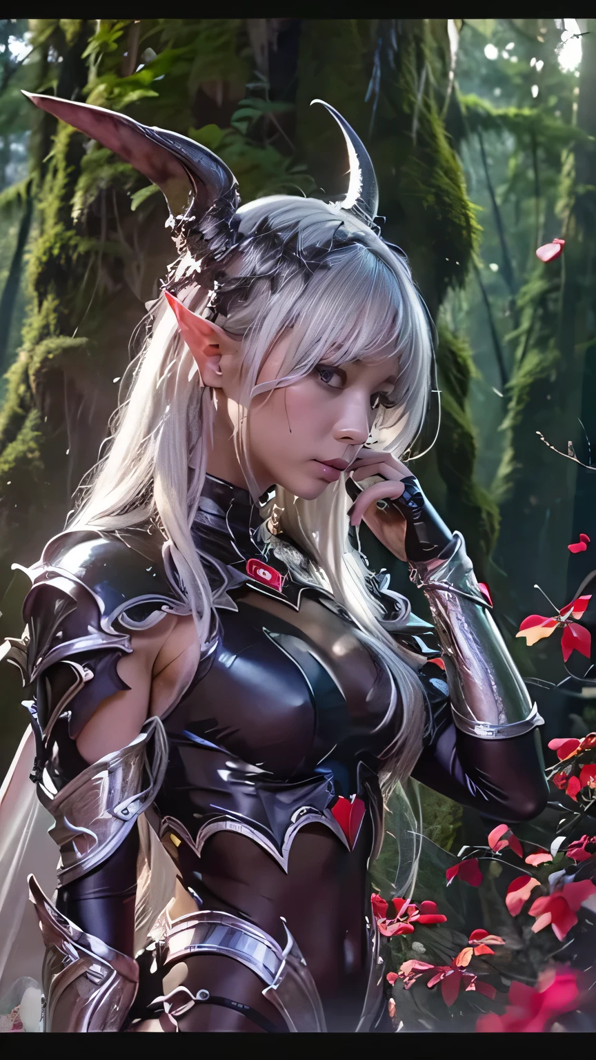 (Dark Elf:1.5、Deep Forest:1.9)、(Dark Elf、Brown Skin:1.3)、(Realistic、 as in the picture 、live-action、8k, Realistic,  RAW photo,   best image quality: 1.4),  SLR camera 、 RAW photo,  best quality, Realistic,  High Definition CG Unity 8K Wallpaper ,  in four-frame comic style, Cinematic Light,  Lens Flare,  ray tracing , Realistic background、(( super dense skin ))、(whole body:1.5)、( succubus cosplay :1.5)、 very detailed な顔、(( Silver Hair:1.5))、 like that style、 STYLISH、 very detailed 、  pay attention to the details  、Perfect outfit、( Tanned Skin:1.2)、Front View、Accurate hands、Accurate legs、 detailed hands and fingers、  anatomically correct body  、 very detailed な顔