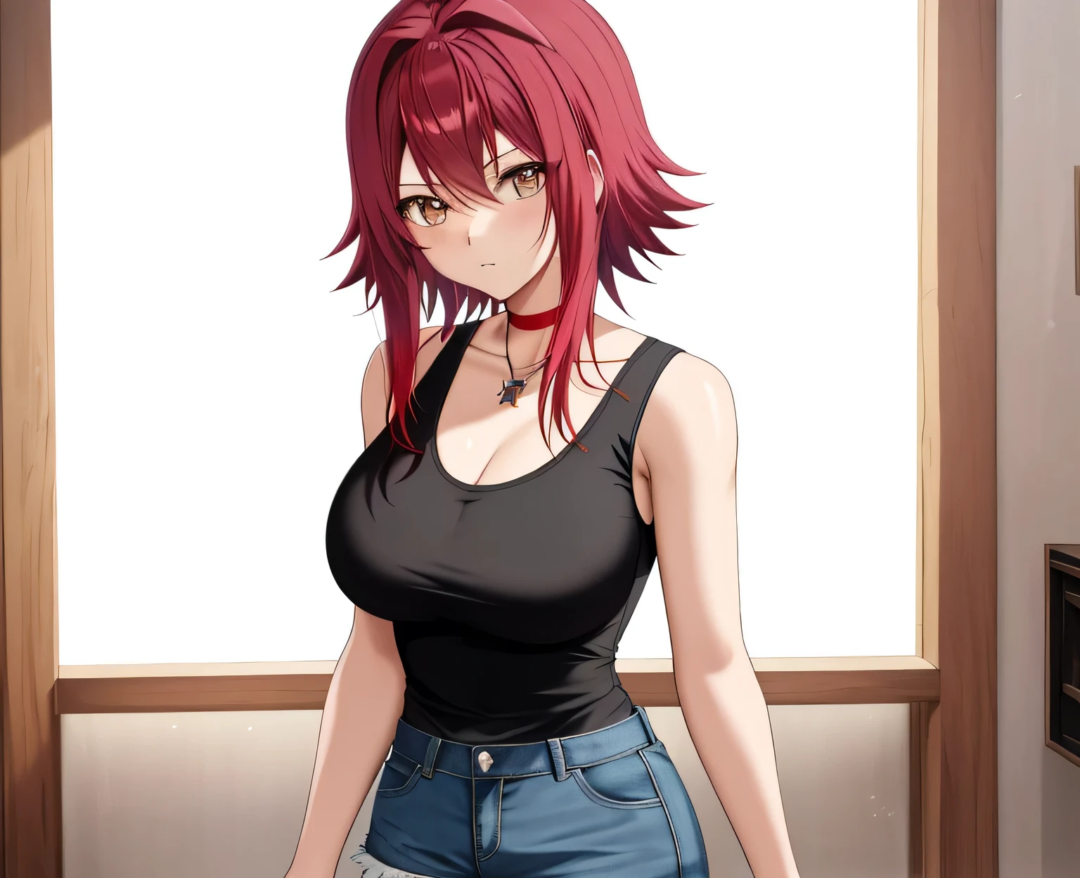 床に立っている red hairのAnime Women, Anime Women,  anime styleキャラクター, clothing: black tank top , A woman wearing denim shorts,  anime styleで, Big Breasts,  woman with very large breasts,  anime style,  anime style,  Muscular Women , Knight of the Zodiac Girl, Short Hair,  red hair,  Teal Eyelids, In anime style, feminine and muscular,  Skin Tight Tank Top , Bare Arms, Bare shoulders, Alone, looking at viewer, Female focus,  cowboy shots,