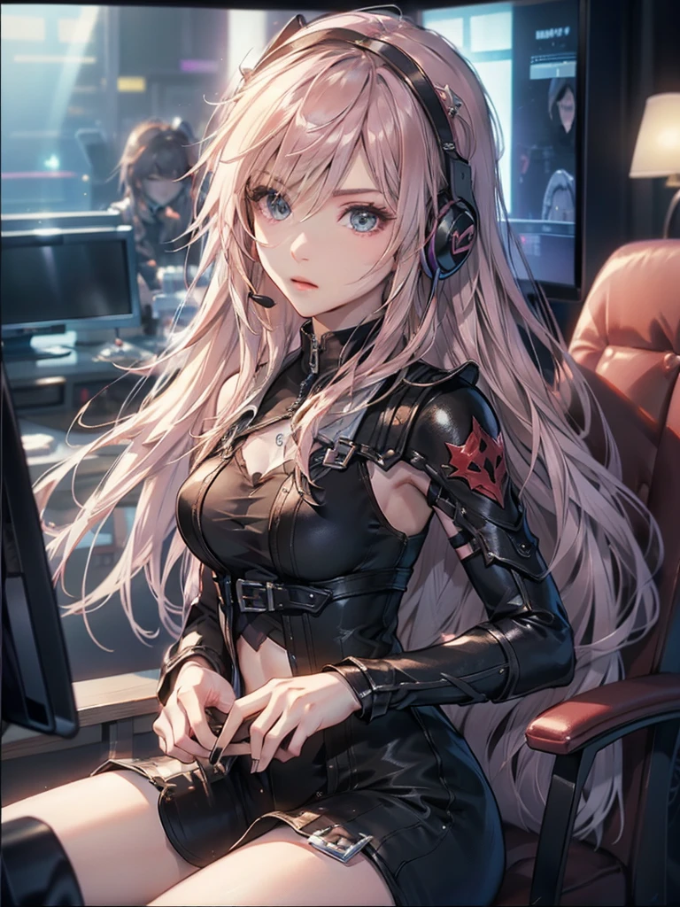 gamer girl, komi shouko wearing a black lobelia, long hair, (white hair), blue eyes, (red eyes:1.2), gloves, hat, dress, cleavage, jewelry, jacket, open clothes, choker, black gloves, military, black headwear, (heterochromia:1.5), black choker, peaked cap, epaulettes, military hat, embarrassing, looking at the camera, in a room with gamer computers, cyberpunk, perfect lighting, HDR, ultra resolution , very detailed, masterpiece, ultra quality, 4K HD 