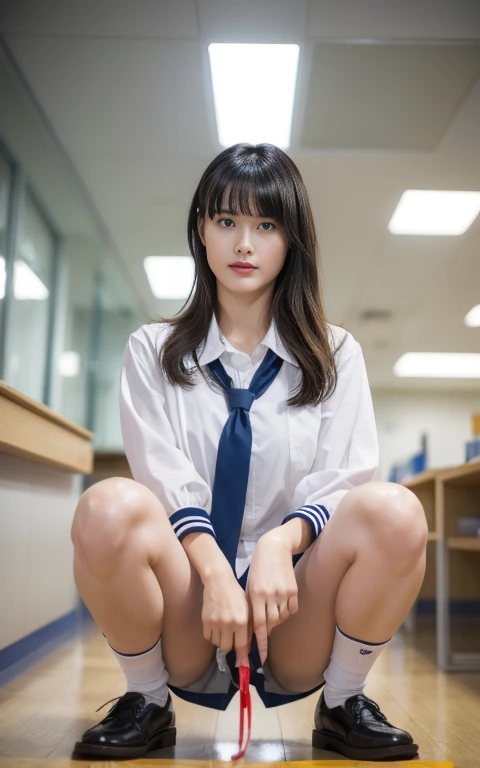 ​masterpiece,  High School Girls 、 blue eyes、 bright brunette 、（ school uniform:1.5）、（ M shaped legs  :1.5）、 huge breasts coming out 、 navy socks、Put on your shoes、（ bright school classroom :1.5）Viewers, reality,  lesbian with full body , radical, expensive, （ expand your pubic area with your fingers :1.5） very detailed ,  ahehe, With eyes rolling, blush,   water flowing through her mouth ,   sticky tongs,  Big Breasts,  sexual arousal, sexual expression,  shiny skin、  open legs、 excited , Provocative, , ( facing down ),  camera in front of the gauge, ceiling, from below ,