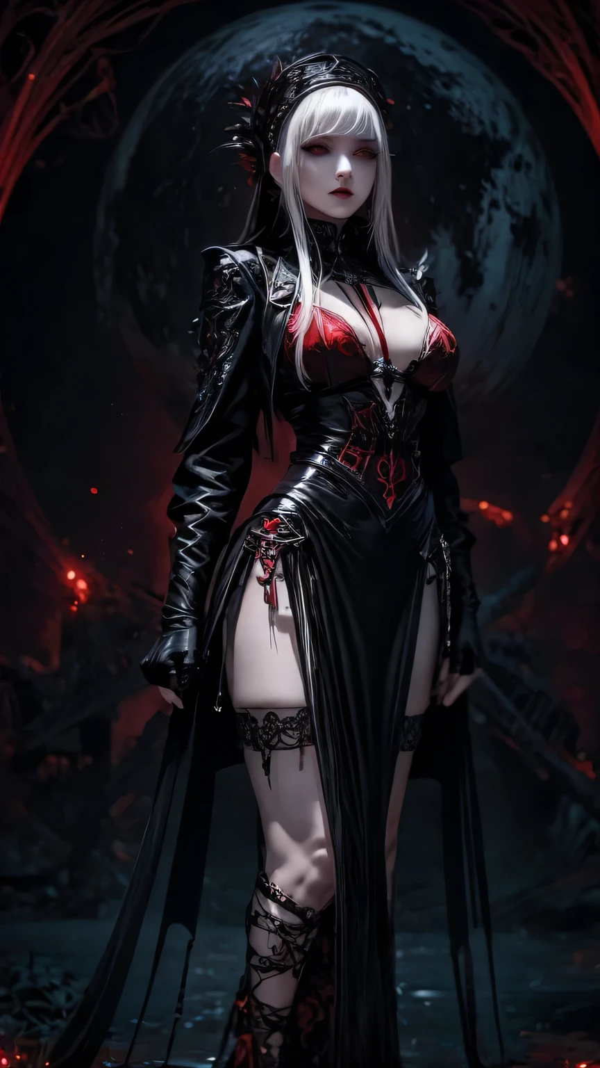 woman, ultra high details, dark fantasy, bloom, glowing red eyes, dark environment, hips up, pale skin, white hair, red moon background, red hue lighting, bangs cover one eye,