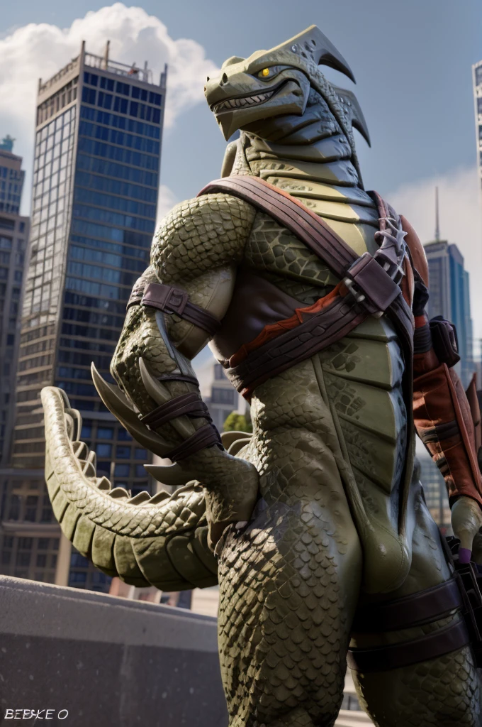 Hybrid from fortnite, lizard, male, by bebebebebe, cute, scalie, muscular, strong, close view, grin, up tail, standing, city, under view