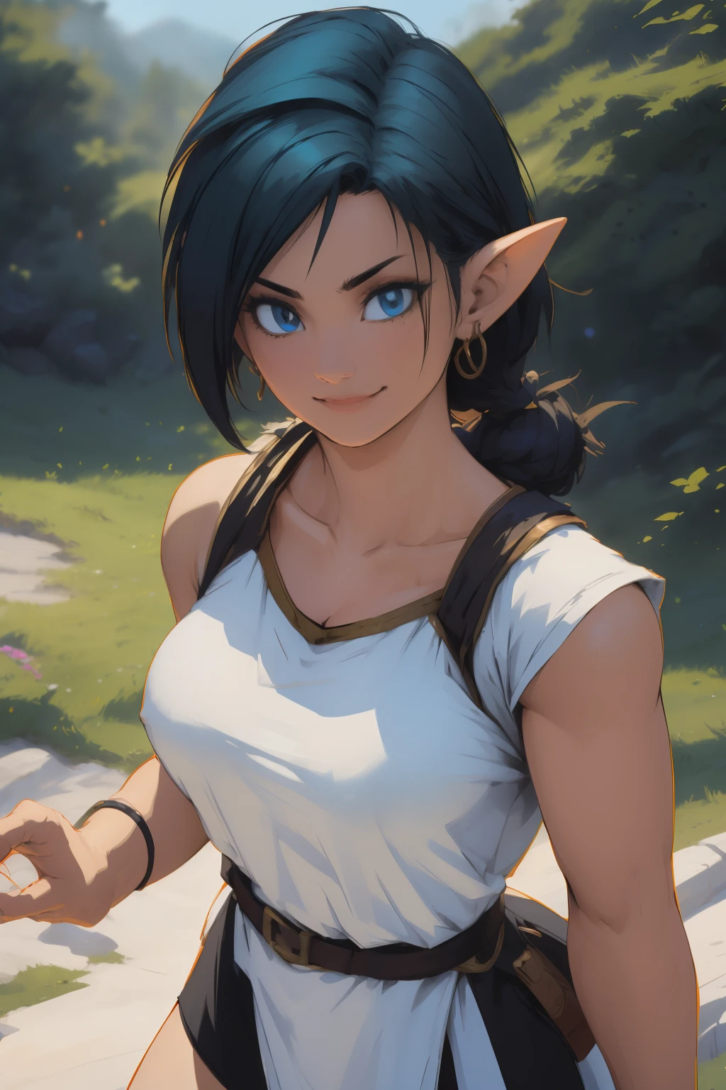 Korra da avatar,(best quality, 4K,8k,high resolution,work of art:1.2)(weather: showing), tundra background, artic village, wide hips, long curly hair, brown hair, freckles, sleeveless crop top, fur belt, bodycon winter skirt, leggings, winter boots, elbow long gloves, light makeup, dark eyeliner, blush, flirting pose, earrings, glowing eyes, ultra detailed, portrait, realistic, beautiful detailed blue eyes, beautiful detailed lips, extremely detailed eye and face, long eyelashes,average, large breasts, flying hair, beaming smile, sexy smile, powerful girl, bright coloured, dramatic lighting, blue flames, a beautiful elf girl training, short brown hair, double bun hairstyle, blunt bangs, blue eyes, hair ornament, detailed face, elegant pose, mystical forest background, cinematic lighting, (best quality,4k,8k,highres,masterpiece:1.2),ultra-detailed,(realistic,photorealistic,photo-realistic:1.37), LAUFEN, SHORT HAIR, DOUBLE BUN, BLUNT BANGS,