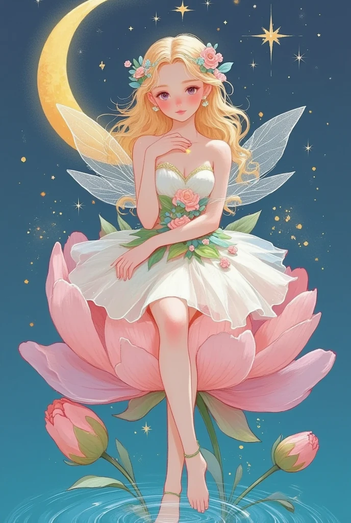 A beautiful angelic fairy with golden hair, sitting on a blooming peony flower, legs crossed, feet in water, surrounded by stars and the moon, highly detailed, cinematic lighting, photorealistic, masterpiece, ultra-detailed, dramatic composition, ethereal, glowing, magical, fantasy, whimsical, intricate, ornate, vibrant colors