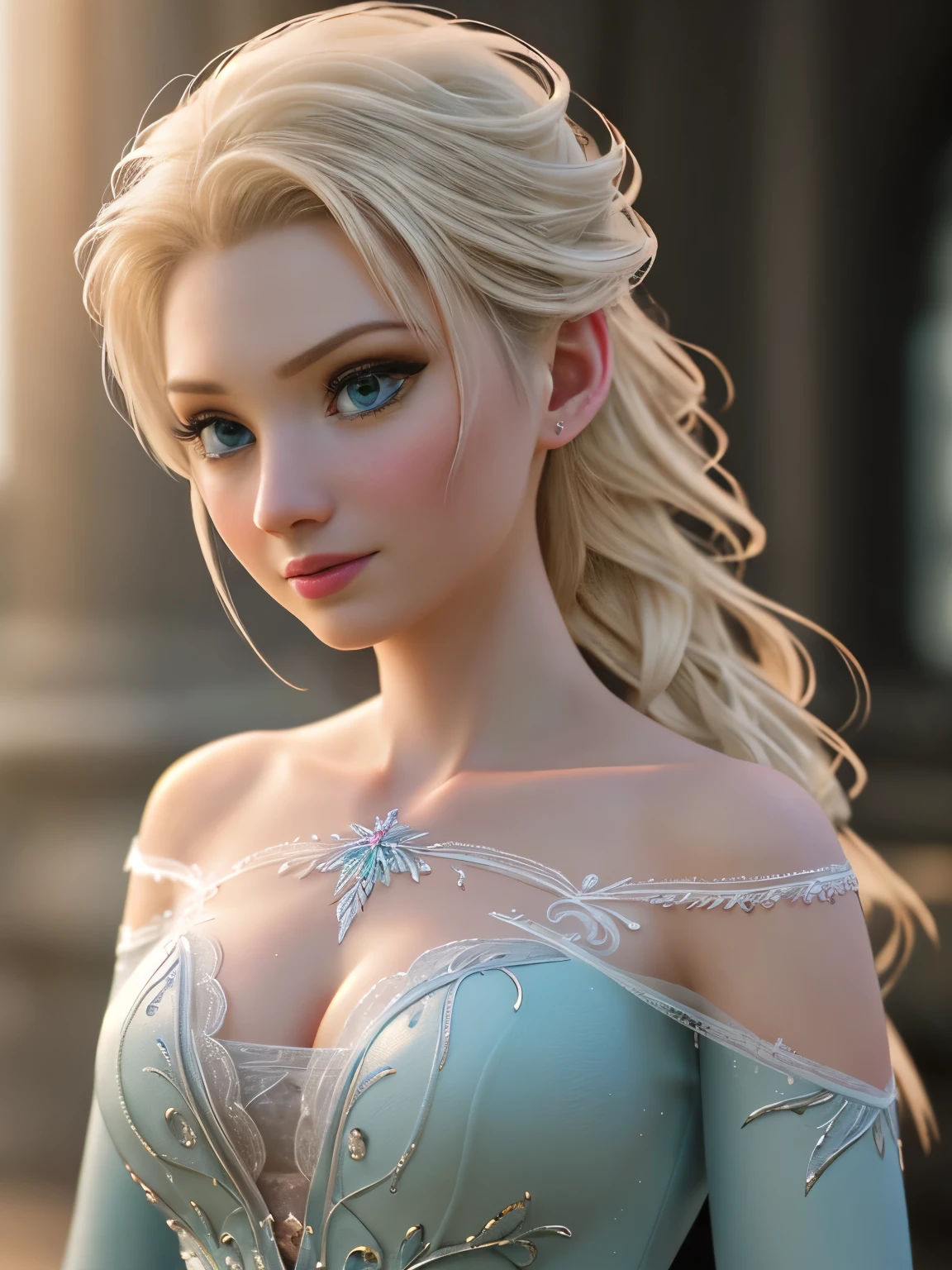 Elsa frozen chunly fusion. Highly detailed CG unity 8k wallpaper, style shot, complex, high detail, dramatic, highest quality movie still image, very detailed, 3/4 body, natural light, sharp character design, (hard focus, 8k), (((natural skin texture))), 8k textures, soft cinematic lighting, adobe lightroom, dark room, hdr, Sophisticated, Elegant, Rich Detail, Sharp Focuilm Look) )), Soothing Tones, Detail Frenzy, Intricate Detail, Super Detail, Low Contrast, Soft Film Lighting, Dull Colors, Exposure Blending, HDR, Fade, 35mm, f/1.4, ISO, f16, 25 sec , medium breast