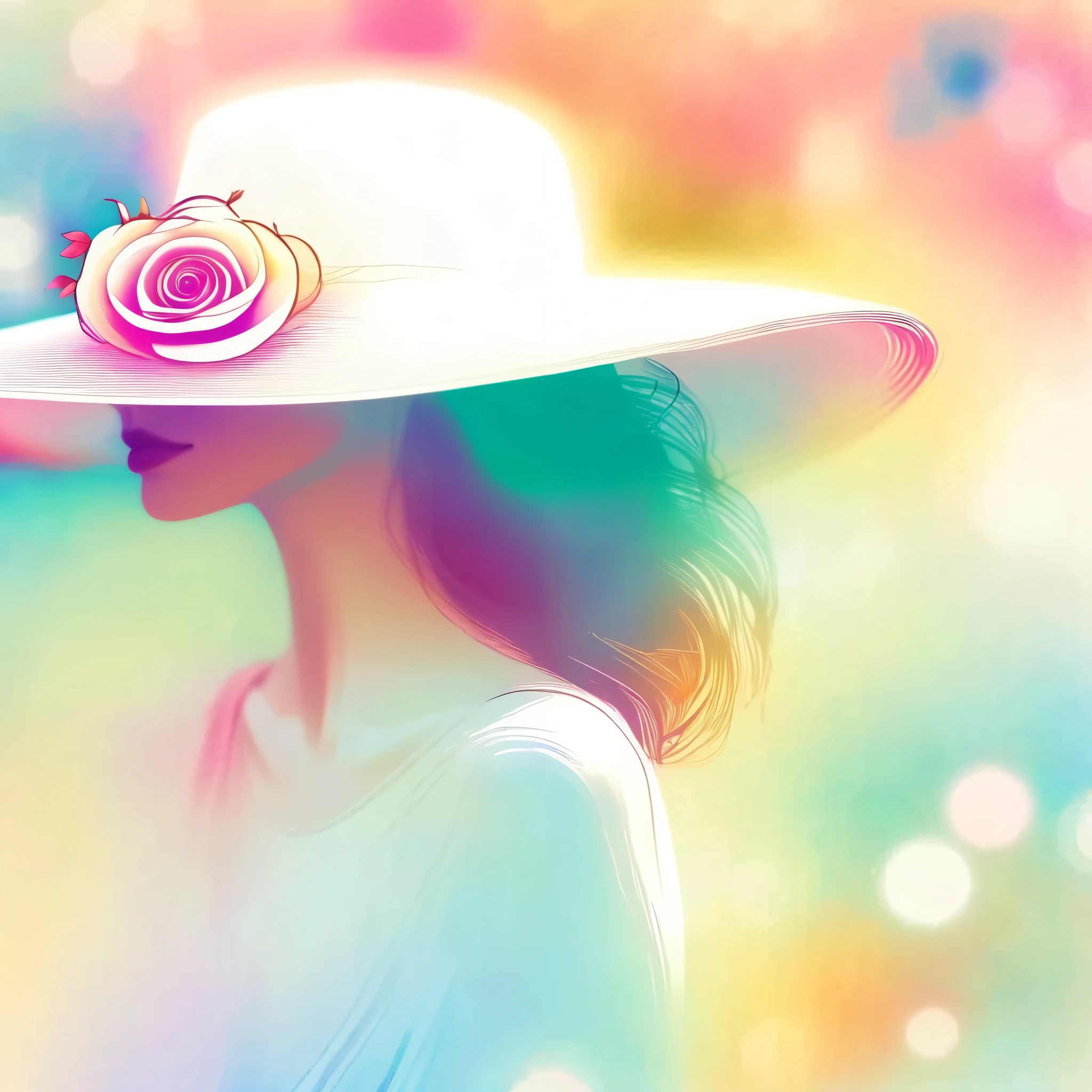 Minimalistic and abstract 1 woman doodle, ezgstyle, (bokeh effect), wearing a wide-brimmed hat with rose decoration, shoulder to head pose, flowering garden background, fantastic, mysterious, (blurred color, blurred outline: 1.2), color, flowering garden background, top quality,