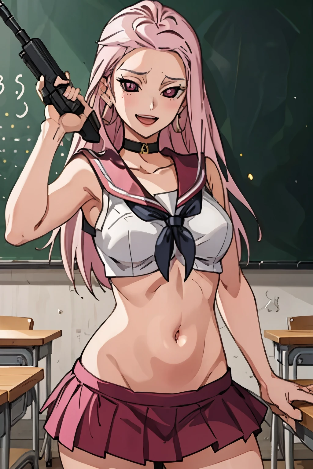 1girl, takako_uro,  long hair, pink eyes, choker, long hair, earrings, red lips, large breasts, ear piercing, long hair, blush, lipstick,Hot girl, baddie,
smoking, sensual, attractive, masterpiece, best quality, highly detailed, a anime girls in sailor uniforms with a gun posing for a picture,
evil smile, smile, open mouth,black_serafuku, ecchi anime style, anime girls , (nsfw) not safe for work,
ecchi style, ecchi, shipgirls, digital anime art!!, high school girls, in anime style, official artwork, beautiful
anime high school girl, anime style 4 k, micro skirt, exposed belly, exposed navel, exposed midriff,
exposed lower belly,school, classroom , lipstick,