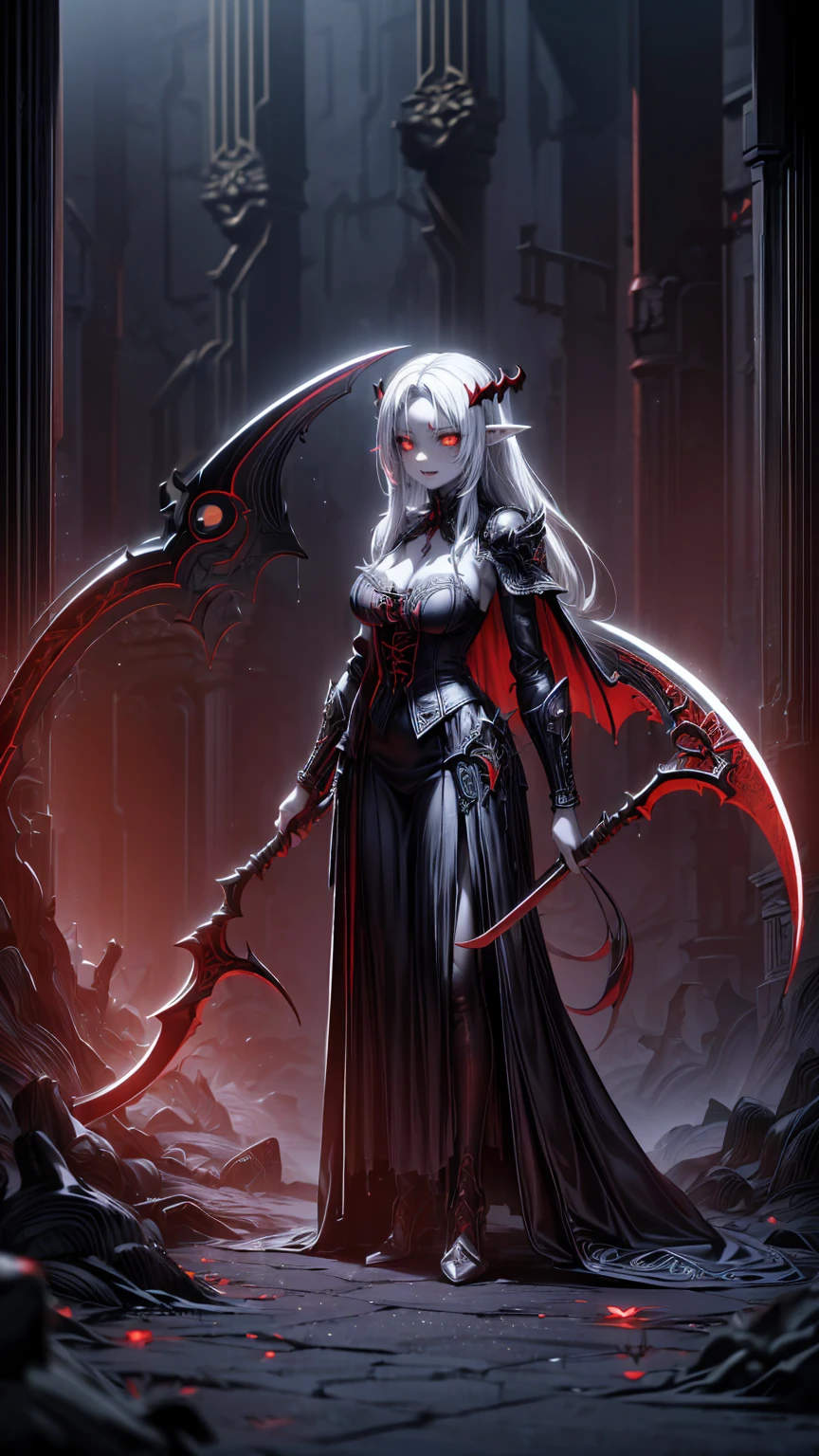 safe_Location, ( Intricate Details :1.0), ( Intricate Details ,  high detail:1.15),(Oily damp skin:1.3),( DRAMATIC LIGHT :1.4),  Movie-like ,  very detailed , (Vampire queen), (Long white hair), ( red glowing eyes), (Pale skin),  sexy outfit , Wearing blood stained leather clothing, (Victorian dress, Goth), (dark, 薄dark照明, darkness, Mood shot, Creepy feeling, dawn), , ( shows the whole body, Holding a red and black sickle:1.3), (Inside an intricately decorated demon castle, Bone carved into the wall, Intricate red work, incantation,  magic ,  Fantasy ), (Spiky evil shoulder pads, Armor shoulder pads), (Large white fangs:1.4), (Big Scythe:1.3),  Link Ibera , Sand 1 , ltctr, color + Light contour
