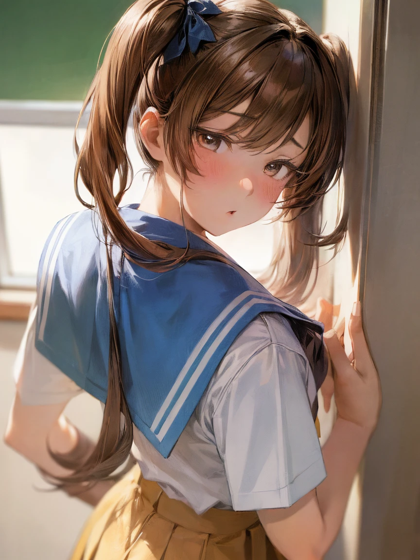 (masterpiece, highest quality:1.2)、(1 girl))、(high school uniform)、(School classroom)、(eyes half closed)、(lots of drool:1.3)、The body shakes violently、[:(detailed face:1.2):0.2],, Brown hair twin tails , solo ,, side, shot from above,  empinando a bunda,  ,from behind, Flipping up a skirt