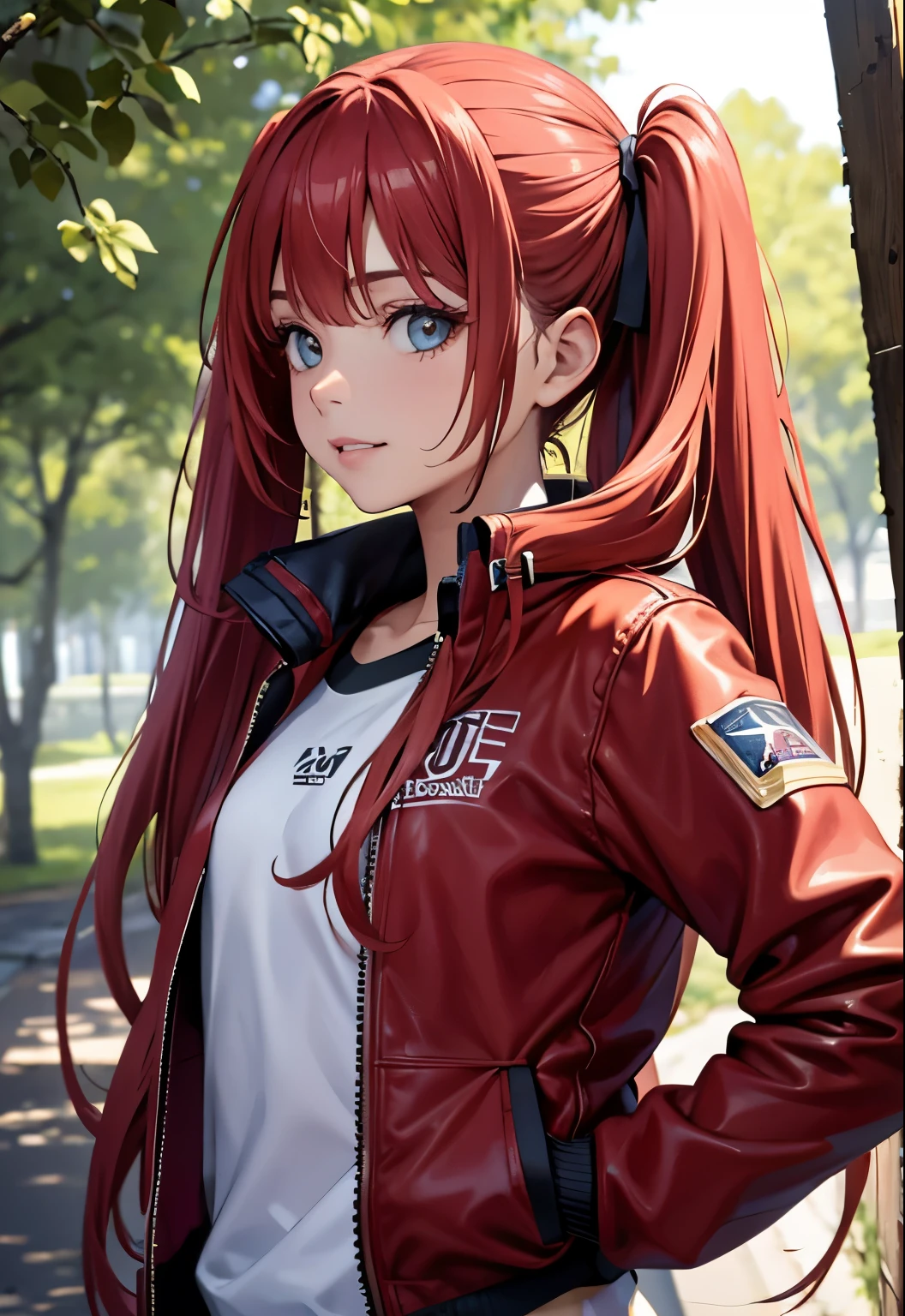 (8k), ( best quality), (masterpiece:1.2), ( ããããa¼ ãããããããã ), (Realistic:1.37),  18 year old girl backstreet, horizontal background, ( twin tails), (Angle of gaze), (whole body), long red hair and long red hair , Swinging Hair, ( Sportswear ),  Leather Jackets , black ribbon  , Natural posture, , [smile]  dark theme , Calm tone,  muted color ,  high contrast, ( natural skin texture, Soft light, sharp), Beautiful appearance, Thin Hair loss, Thin fingers, Thin Hair,  high definition face, perfect anatomy