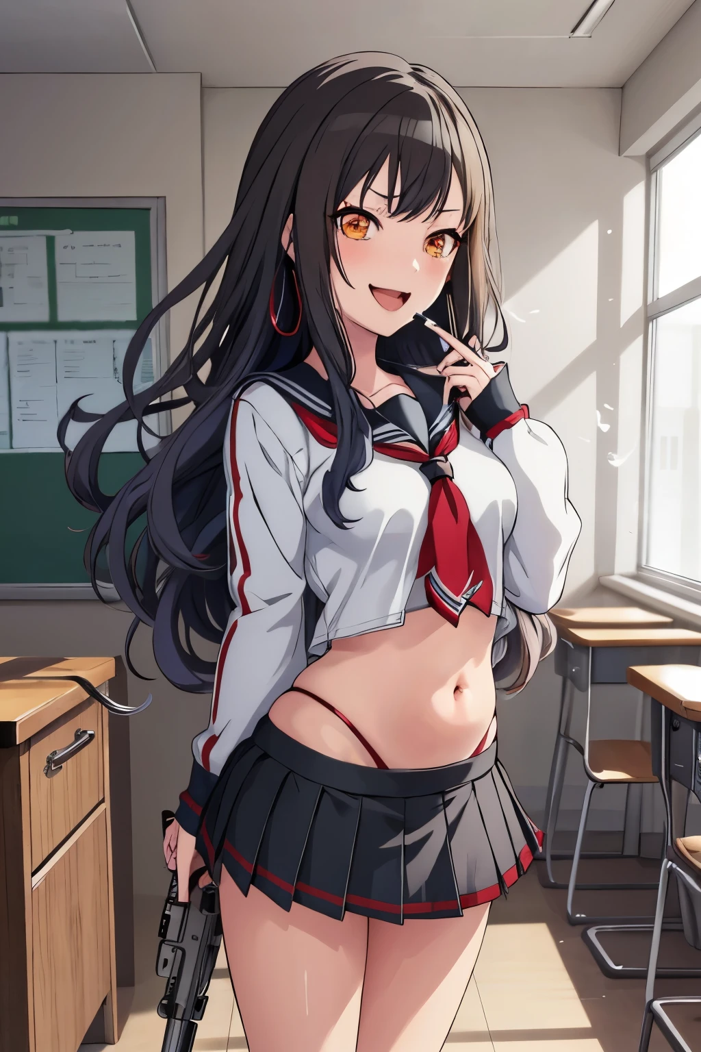 shian, 1girl, solo, Shiraishi An, large breast, long hair, earrings, red lips, large breasts, ear piercing, long hair, blush, lipstick,Hot girl, baddie,
smoking, sensual, attractive, masterpiece, best quality, highly detailed, a anime girls in sailor uniforms with a gun posing for a picture, evil smile, smile, open mouth,black_serafuku, ecchi anime style, anime girls , (nsfw) not safe for work, ecchi style, ecchi, shipgirls, digital anime art!!, high school girls, in anime style, official artwork, beautiful anime high school girl, anime style 4 k, micro skirt, exposed belly, exposed navel, exposed midriff, exposed lower belly,school, classroom 