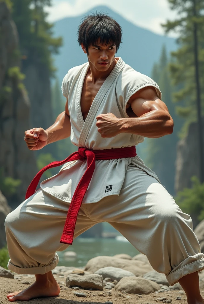 **(absurdres, highres, ultra detailed, HDR), masterpiece, best quality, Ultra-realistic photograph of a Japanese martial artist inspired by Ryu from Street Fighter, portrayed by a real athlete. Mid-30s, muscular build with defined abs and broad shoulders. Intense, focused expression with determined dark brown eyes. Short, spiky black hair. Rugged features with a strong jawline and slight stubble. Wearing a worn white karate gi with sleeves torn off, revealing powerful arms. Red headband tied around his forehead, slightly frayed at the edges. Bare feet with calloused soles. Fists wrapped in weathered hand wraps. Captured in a dynamic stance, ready to fight. Setting: outdoor training area with traditional Japanese elements like stone lanterns or cherry blossoms. Natural lighting, early morning or late afternoon. Ultra high-resolution image showing skin texture, sweat, and fabric details. Style: sports photography, martial arts documentary. Absolutely no 3D rendering or video game aesthetics, pure photographic realism emphasizing the physical prowess and discipline of a real fighter.**