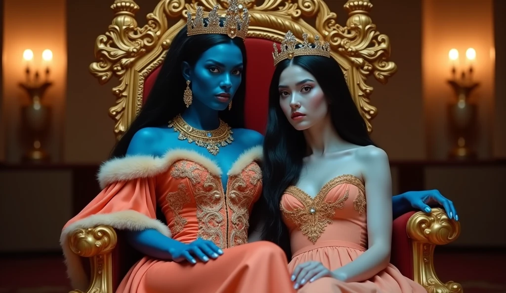 /imagine A girl,which have dear eyes and long neck coral Leps ,long black hairs fair color,with red lenhga.sitting on a royal chair.and a mukut on her head.