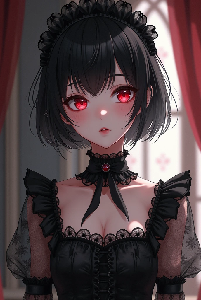 (digital painting),(best quality), masterpiece, 8k resolution, (dark mood background:1.4), dark fantasy, anime girl, one girl, solo, beautiful girl, sexy, goth girl, pale skin, big breast, beautiful breasts, seducing, (yandere: 1.2), detailed lips, beautiful lips, red lips, big eyes, (red eyes:1.2), glowing eyes, (very detailed eyes:1.4), cute girl, short hair, black hair, crown, dramatic lighting, deep shadows, (wide angle lens distortion:1.2)
