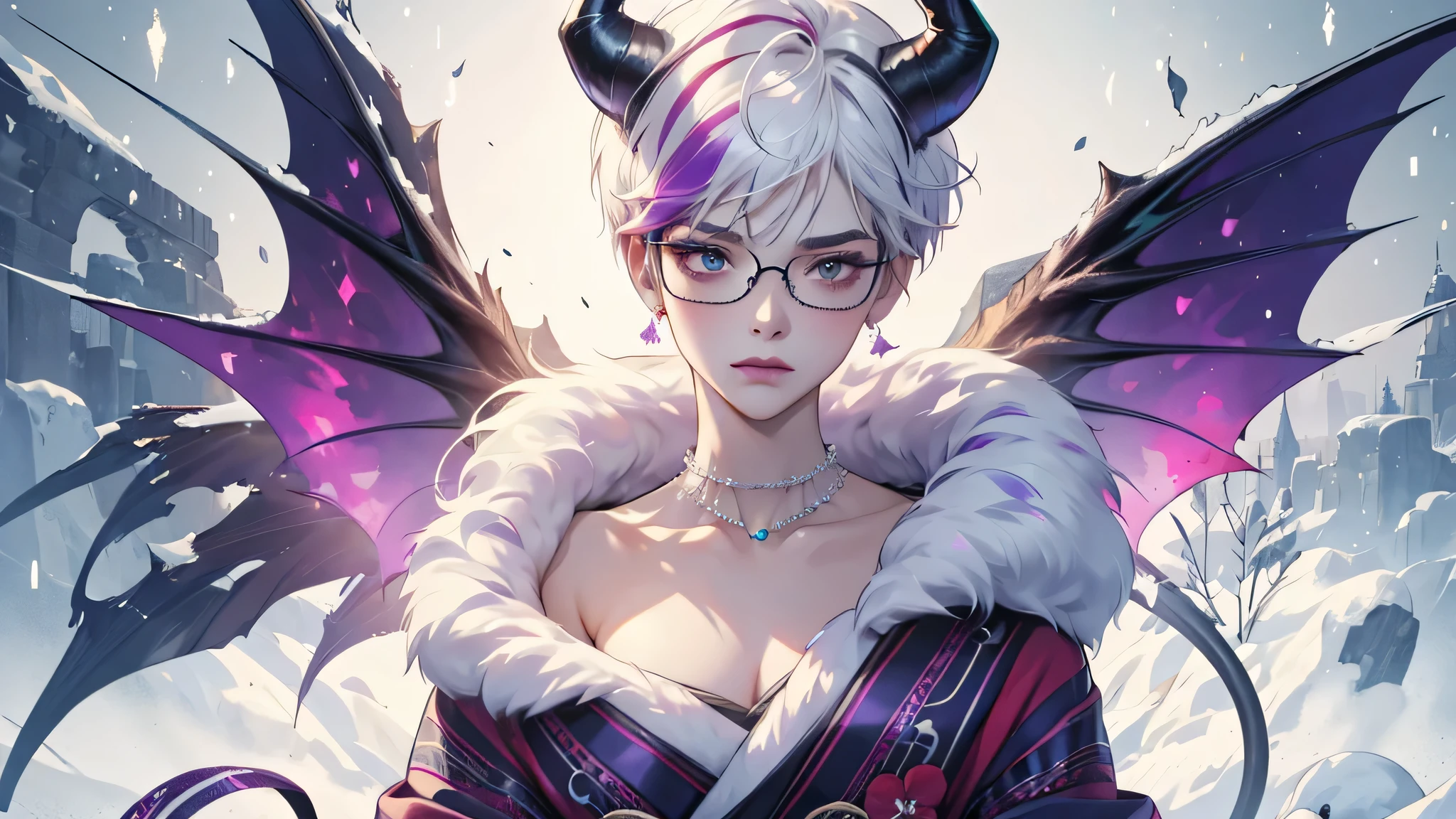 8k, masterpiece, best quality, highly detailed, 1 girl, devil, demon horns, warlock, pixie cut, white hair, multicolored hair, very short straight hair, red highlight hair on white hair, stippled hair, wearing glasses, round glasses, earrings, red eyeshadow, long eyelashes, blushed cheek, purple lips, pearl necklace, rings, collarbone, mole on face, glamorous, teal and purple kimono, expressionless, close up view, rings, looking at viewer, standing, frost, death, winter, snow strom, tundra, turning back, back facing viewer, looking over shoulder, exposed nape
