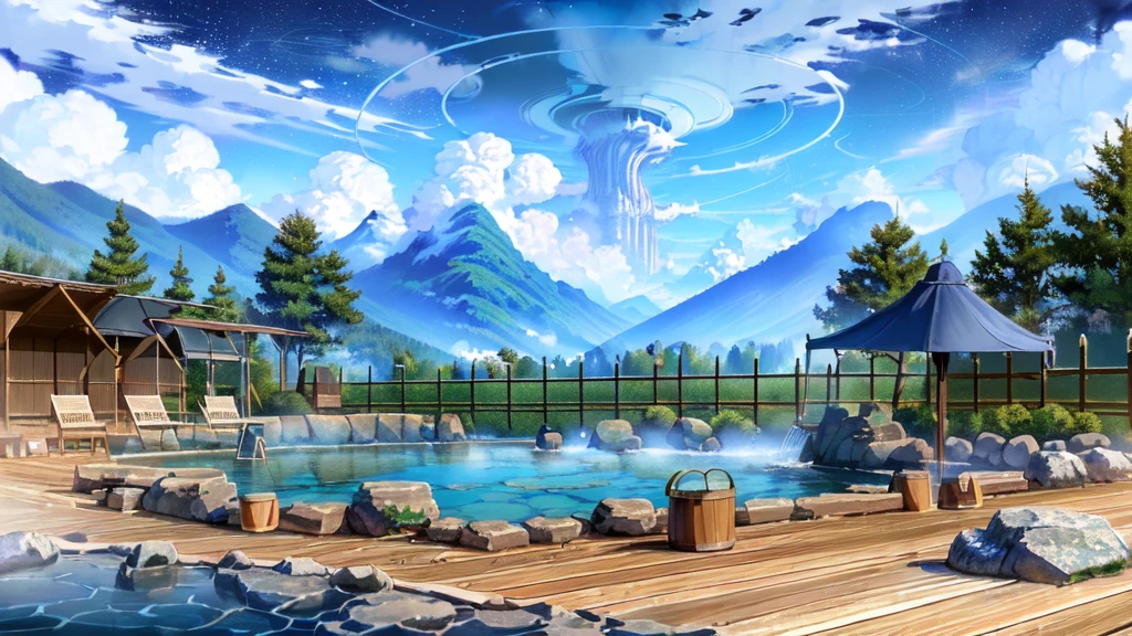 ((Mysterious））、(masterpiece:1.2), best quality, blue archive background,
 not human , tree, bucket,   knight , null, scenery, hot spring, star (null), Outdoor,   knight  null,  lantern, starry null, water, wooden bucket,  fence, steam, cloud, towel, rock, mountain
