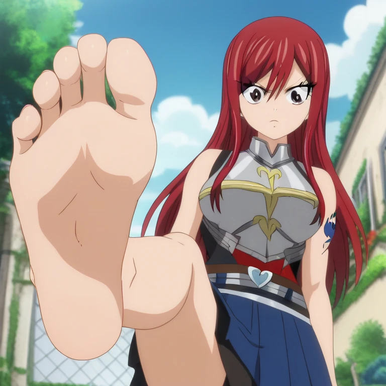 Score_9, score_8_up, source_anime, 1girl, Erza Scarlet, big eyes, alone, looking at viewer, in a garden, standing, cowboy shot, ANIME SCREENCAP, anime coloring, barefoot, perfect feet, anatomically correct, soles, low angle, focal length 35mm, each foot has five toes, front, symmetrical soles, foot focus, long crimson hair