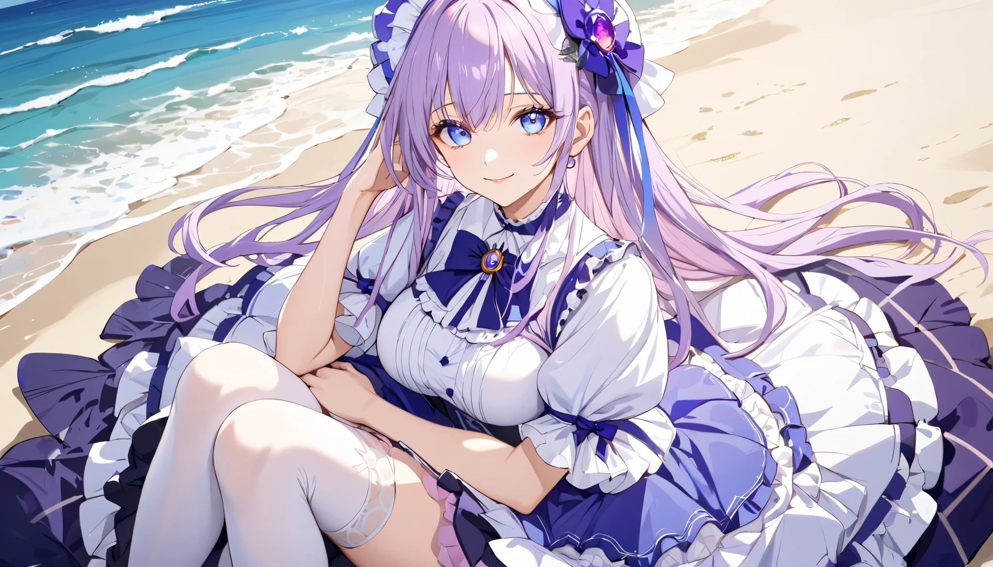 (( stain)), (( Masterpieces)), (Familiar with),  Perfect Face , eyelash , (Prequel ), (cure selence),  ****ta Dress, (  without skirt ), background, beach, Long hair,  Light Purple Hair, Blue eyes, Pupil , Multicolored eyes,  big breasts ,  White Stockings,  Smiling , Sitting hugging your knees