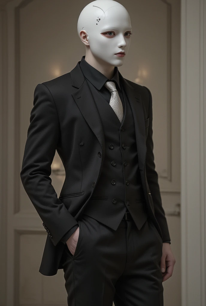 boy with short black hair, pale skin and red eyes, a black double-breasted suit over a pinstripe dress shirt. a thin black tie that stays tight around his neck. Pointed toe shoes and black fingerless gloves. A white mask and the left side is black. 