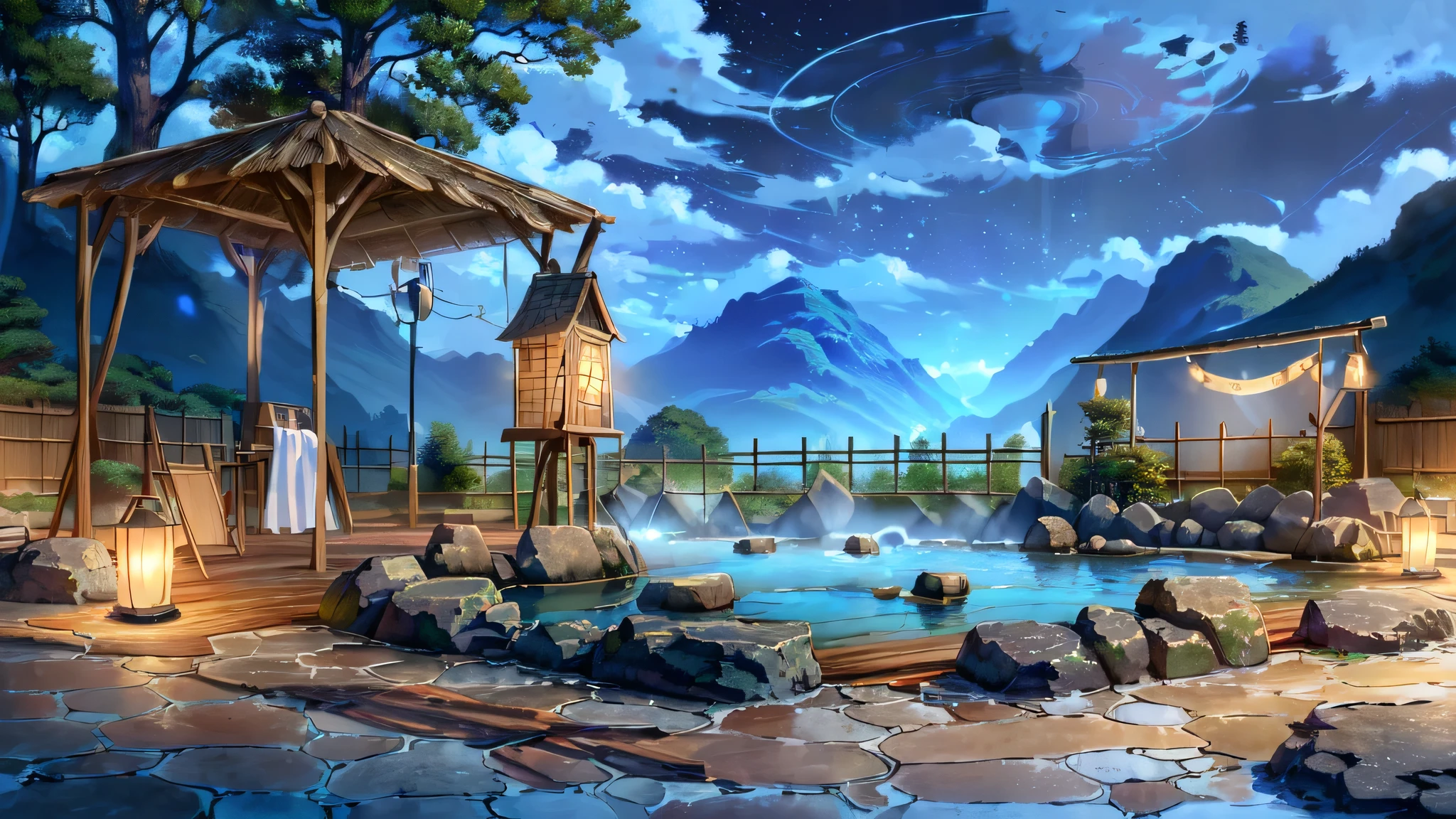 ((Mysterious））、(masterpiece:1.2), best quality, blue archive background,
 not human , tree, bucket,   knight , null, scenery, hot spring, star (null), Outdoor,   knight  null,  lantern, starry null, water, wooden bucket,  fence, steam, cloud, towel, rock, mountain
