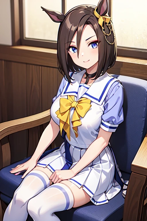 Air Groove、One person、 girl、Horse tail、best quality,large breasts,seductive smile,tracen school uniform, sailor collar, bowtie, purple shirt, sailor shirt, short sleeves, white skirt, white thighhighs,white kneehighs,Narrowed sleeves, long chair,sitting,blue line on the edge of the white skirt,
