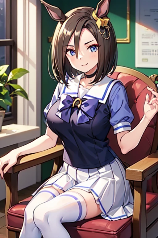 Air Groove、One person、 girl、Horse tail、best quality,large breasts,seductive smile,tracen school uniform, sailor collar, bowtie, purple shirt, sailor shirt, short sleeves, white skirt, white thighhighs,white kneehighs,Narrowed sleeves, long chair,sitting,blue line on the edge of the white skirt,
