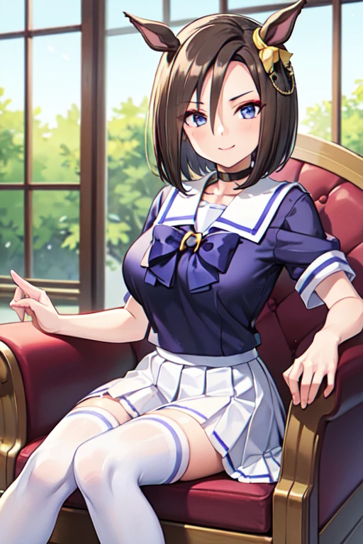 Air Groove、One person、 girl、Horse tail、best quality,large breasts,seductive smile,tracen school uniform, sailor collar, bowtie, purple shirt, sailor shirt, short sleeves, white skirt, white thighhighs,white kneehighs,Narrowed sleeves, long chair,sitting,blue line on the edge of the white skirt,
