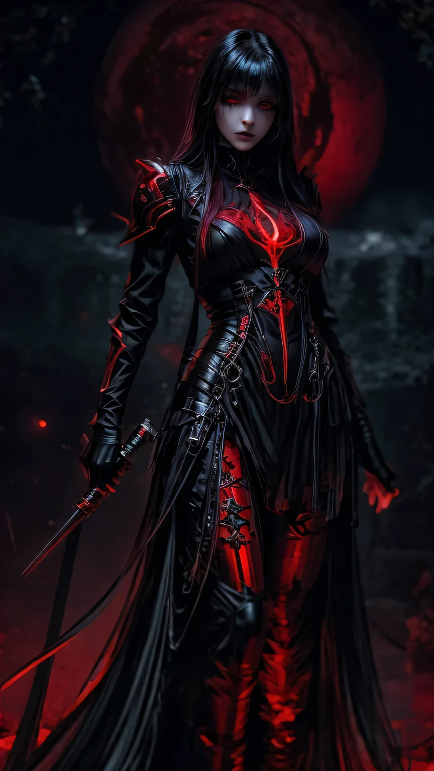 woman, ultra high details, dark fantasy, bloom, glowing red eyes, dark environment, hips up, pale skin, crimson hair, red moon background, red hue lighting, bangs cover one eye,