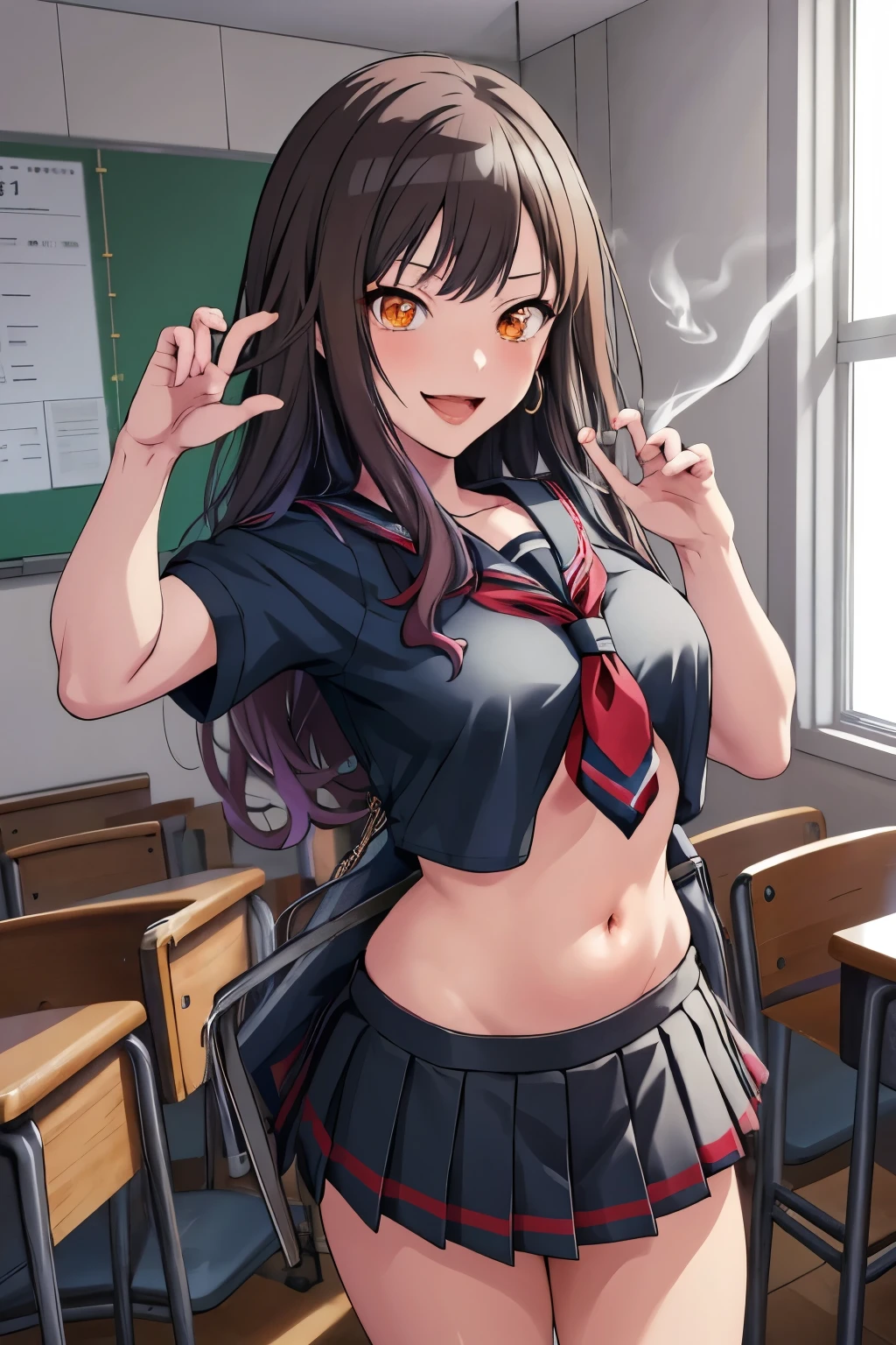 shian, 1girl, solo, Shiraishi An, large breast, long hair, earrings, red lips, large breasts, ear piercing, long hair, blush, lipstick,Hot girl, baddie,
smoking, sensual, attractive, masterpiece, best quality, highly detailed, a anime girls in sailor uniforms with a gun posing for a picture, evil smile, smile, open mouth,black_serafuku, ecchi anime style, anime girls , (nsfw) not safe for work, ecchi style, ecchi, shipgirls, digital anime art!!, high school girls, in anime style, official artwork, beautiful anime high school girl, anime style 4 k, micro skirt, exposed belly, exposed navel, exposed midriff, exposed lower belly,school, classroom 