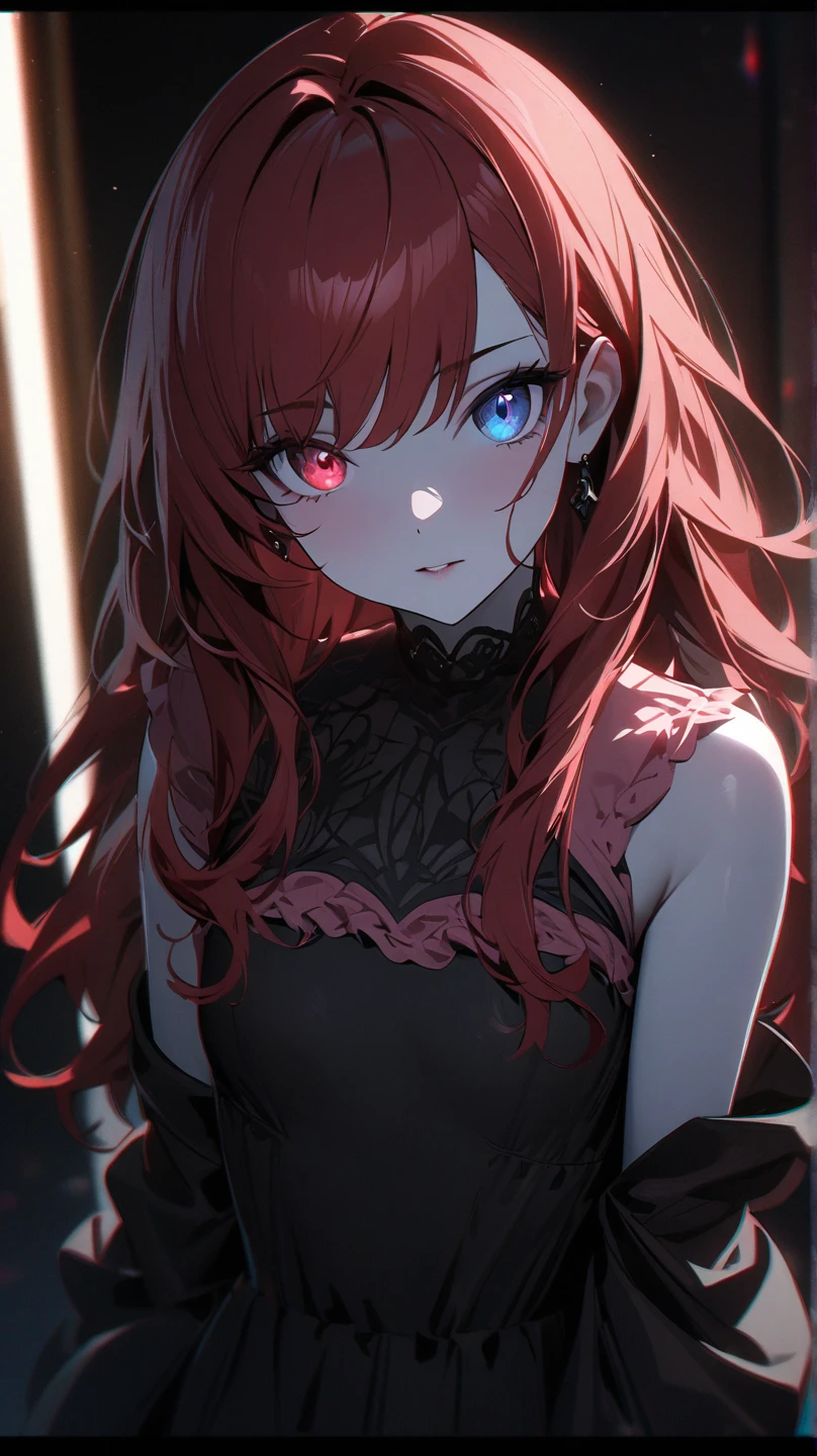 girl with long red hair, Contrasting eyes, Pale skin, Flat chest, She is wearing a black dress with a pink blouse., With a more elegant and sophisticated touch, Which suits her mysterious and strong personality.. total, Her appearance will be eye-catching., Attract curious and interesting glances, Flat chested, Cinema lighting, chromatic aberration, Backlight, Masterpiece, High detail, High quality, 4K.