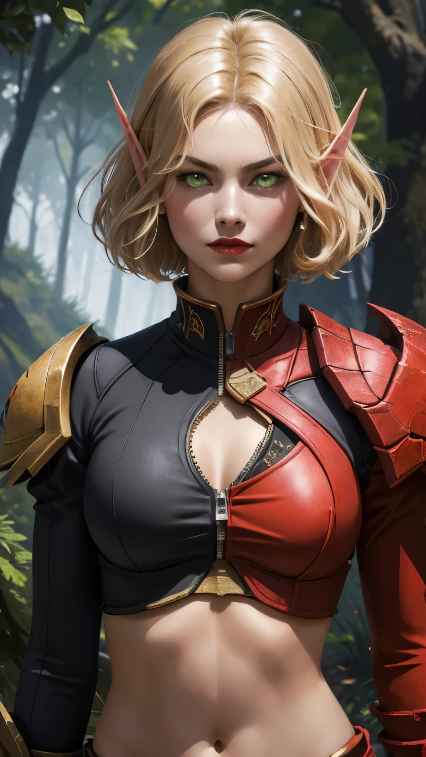 (8K, highest quality, masterpiece:1.2), High resolution, masterpiece, break, beautiful woman, beautifully mouth, highly eyes and face, beautiful fine eyes, upper body, slim body, 20 years old girl, (1girl, short hair, pointy ears, angry, smirk, lustful eyes, red lips) (digital) (Looking at viewer), (Forest background)), best quality, blonde hair, red shoulderpads, black sleeves:1.2, red shirt:1.2, cloth shirt, green eyes, gold trim on shoulderpads, closed zipper. zipper on middle of the shirt, crop top, navel, bloodelf