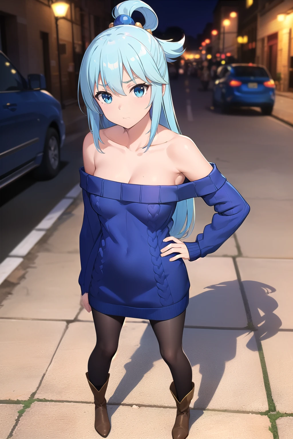 masterpiece, Highest quality, High resolution, Absurd, Super detailed, Cute eyes,
 Aqua, Long Hair, Blue Hair, Hair Ring, hair ornaments, (clavicle: 1.5), (bare shoulder), (blue off-shoulder sweater: 1.5), (blue sweater dress: 1.5), (long sleeves), (black pantyhose), (short boots (brown: 1.6), Disappointing attitude, Hands on hips, full body, city
 