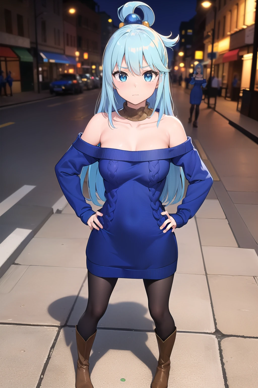 masterpiece, Highest quality, High resolution, Absurd, Super detailed, Cute eyes,
 Aqua, Long Hair, Blue Hair, Hair Ring, hair ornaments, (clavicle: 1.5), (bare shoulder), (blue off-shoulder sweater: 1.5), (blue sweater dress: 1.5), (long sleeves), (black pantyhose), (short boots (brown: 1.6), Disappointing attitude, Hands on hips, full body, city
 