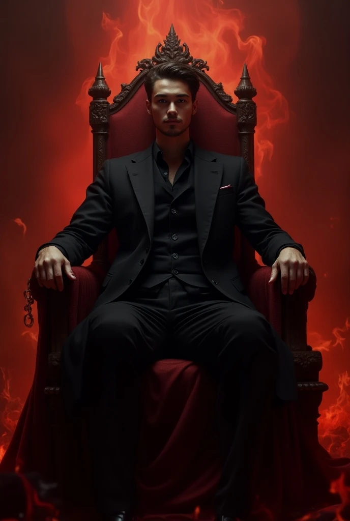 A gorgeous young man sitting on the throne in the middle of a court because he serves as a judge in hell with a background in hell