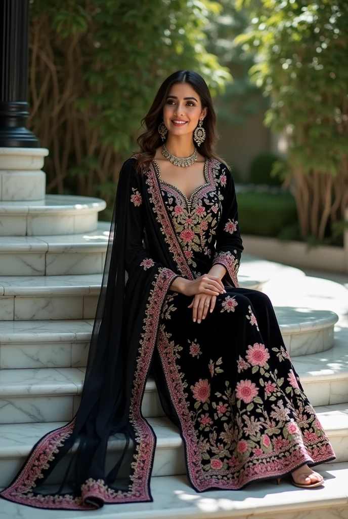 "Design an elegant and luxurious scene featuring a woman softly smiling dressed in a black traditional embroidered outfit with intricate floral patterns in shades of pink and silver. The outfit includes a long flowing dupatta draped gracefully, enhancing the regal appearance. She is seated on white marble stairs with a black wrought-iron pillar beside her, surrounded by lush greenery in the background. The setting exudes sophistication and classic charm, with soft natural lighting illuminating the details of the embroidery and fabric. The overall mood is poised and graceful."
