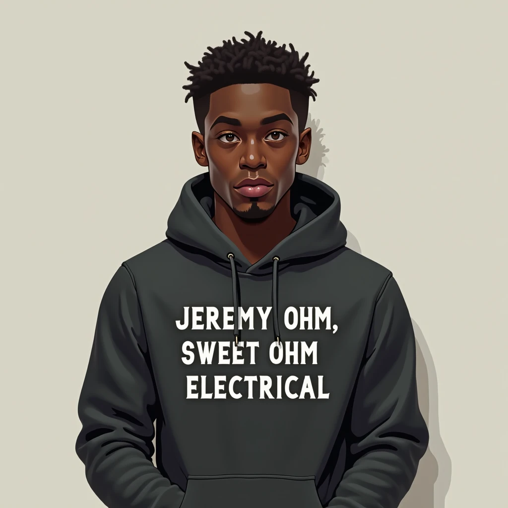 A young black man wearing a hood written "Jeremy Ohm Sweet Ohm Electrical"
