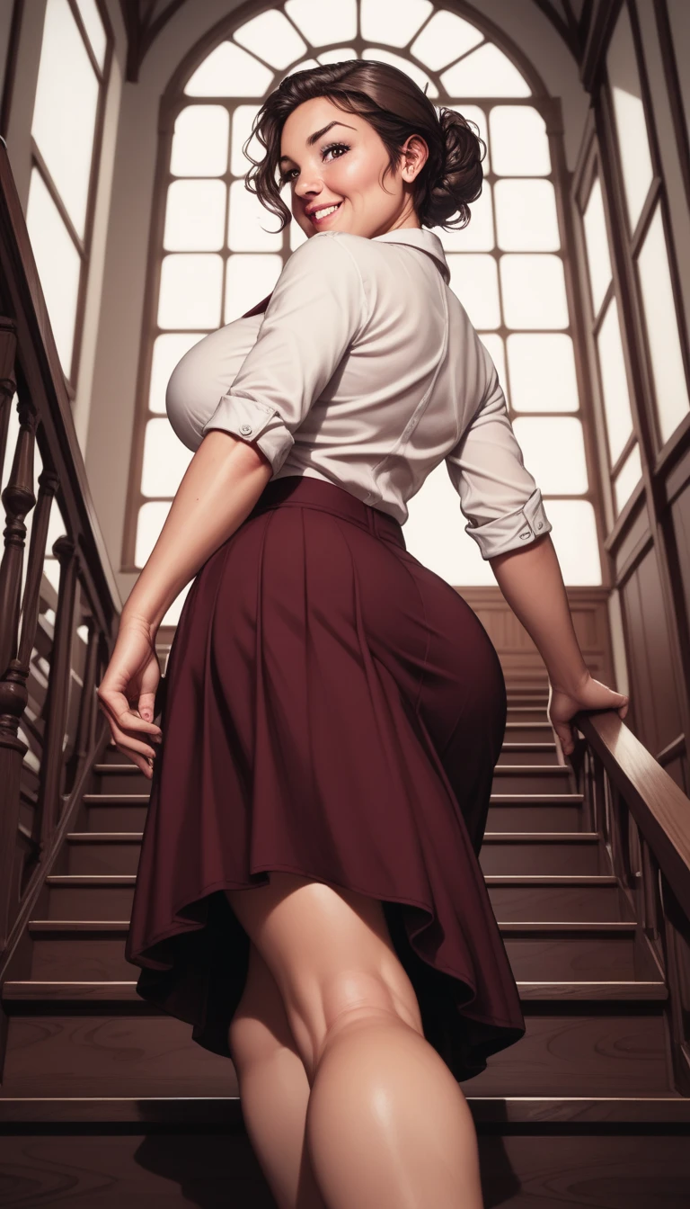 (GeGe:1.3), detailed lips, detailed eyes, detailed eyebrows, detailed hair, detailed face, solo, woman, brunette, light and dark streaked brown hair, (brown eyes:1.2), (huge breasts), 
a woman walking up stairs, alone, mature and attractive appearance, looking back at the viewer, (holding down her mid-length skirt with both hands:1.5, without revealing her underwear), highly detailed and accurate, with a lovely expression of reluctant dislike, a mischievous smile, (low angle shot:1.4), ARW, cute shyness, holding down her skirt