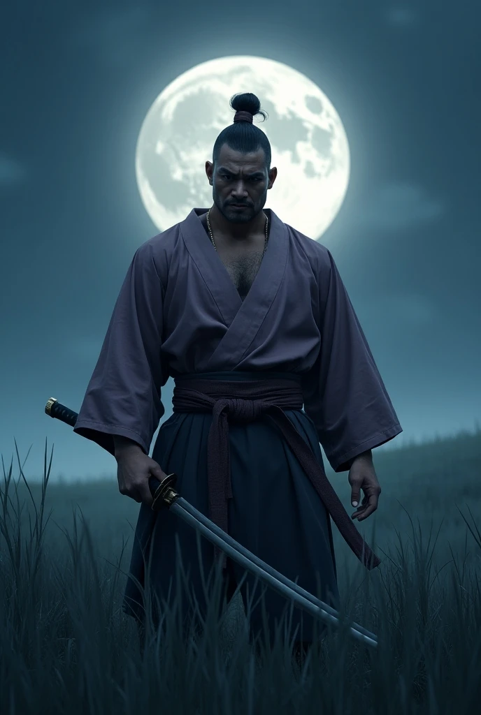 Muscular Asian Middle-Aged Man 、 samurai、 pose with a Japanese sword in your right hand、Place your left hand on your waist 、Mauve Kimono 、 standing 、nightの草原、 huge full moon on background 、night、 masterpiece、 best quality、 detailed face 、Careful depiction、8k、もう一人の samuraiと対峙する、