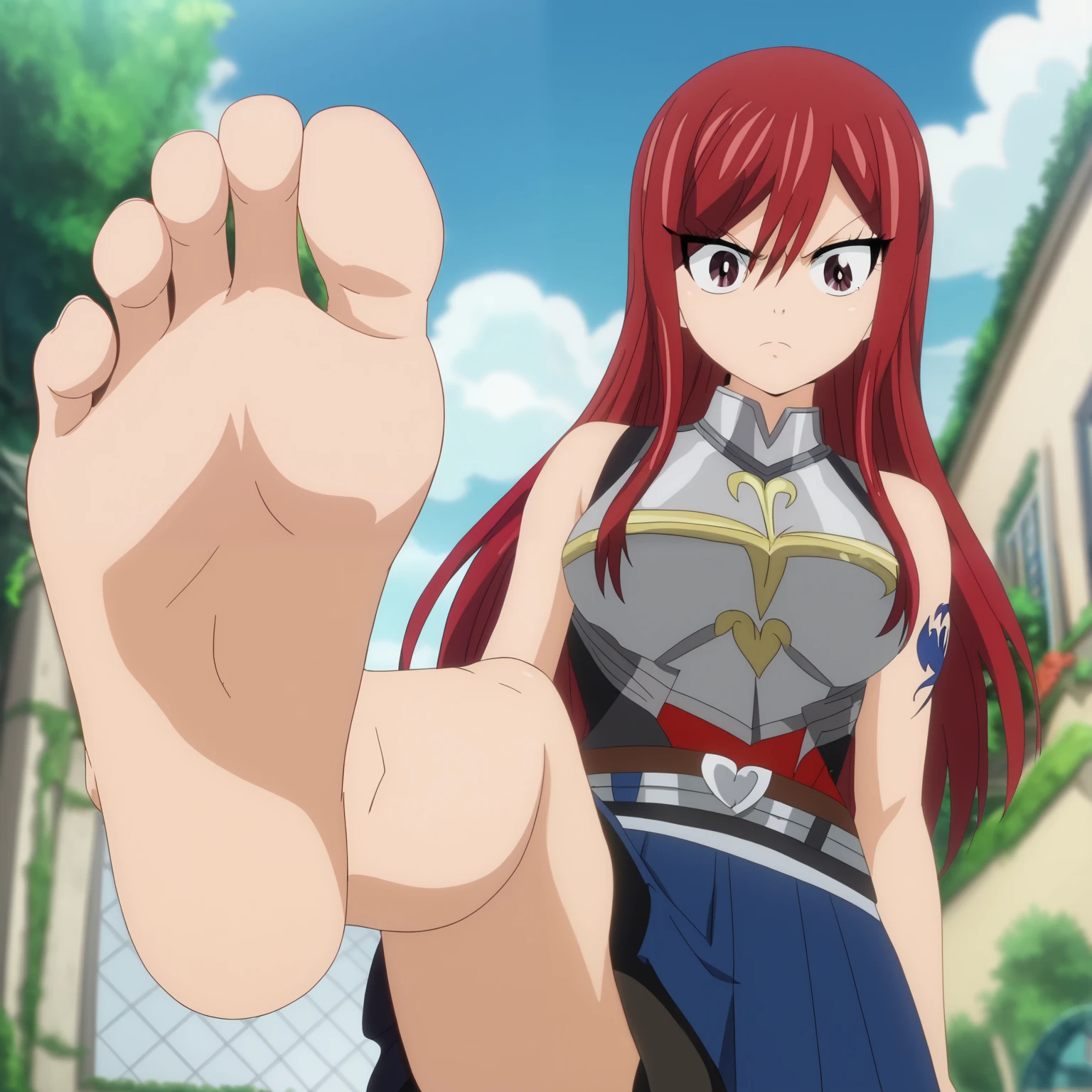 Score_9, score_8_up, source_anime, 1girl, Erza Scarlet, big eyes, alone, looking at viewer, in a garden, standing, cowboy shot, ANIME SCREENCAP, anime coloring, barefoot, perfect feet, anatomically correct, soles, low angle, focal length 35mm, each foot has five toes, front, symmetrical soles, foot focus, long crimson hair