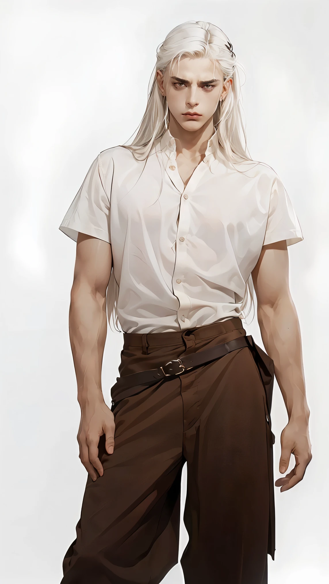 Middle Ages, 1 Male, Middle Age, One, thin, man, Minimalism, (simple shirt and brown pants, ((( Long hair , greek nose, European,  white hair,  thin and tall  , frowning, sad, young , white background))) ,  looks at the viewer ,  stands straight 
