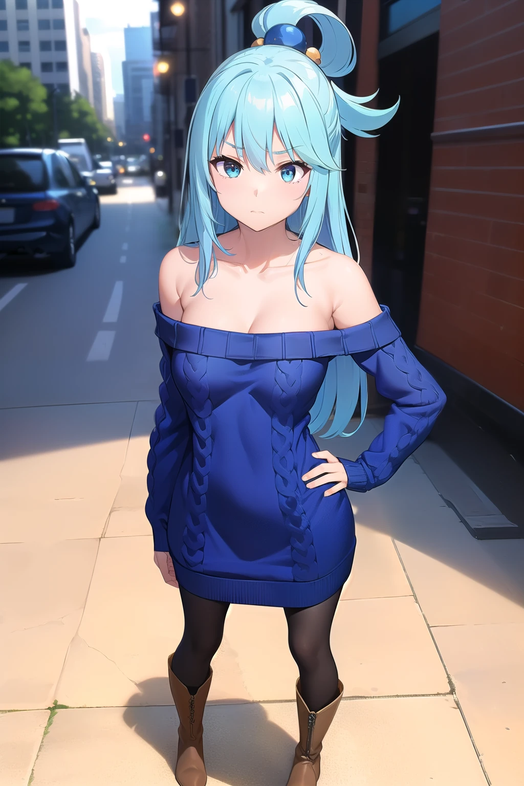 masterpiece, Highest quality, High resolution, Absurd, Super detailed, Cute eyes,
 Aqua, Long Hair, Blue Hair, Hair Ring, hair ornaments, (clavicle: 1.5), (bare shoulder), (blue off-shoulder sweater: 1.5), (blue sweater dress: 1.5), (long sleeves), (black pantyhose), (short boots (brown: 1.6), Disappointing attitude, Hands on hips, full body, city
 