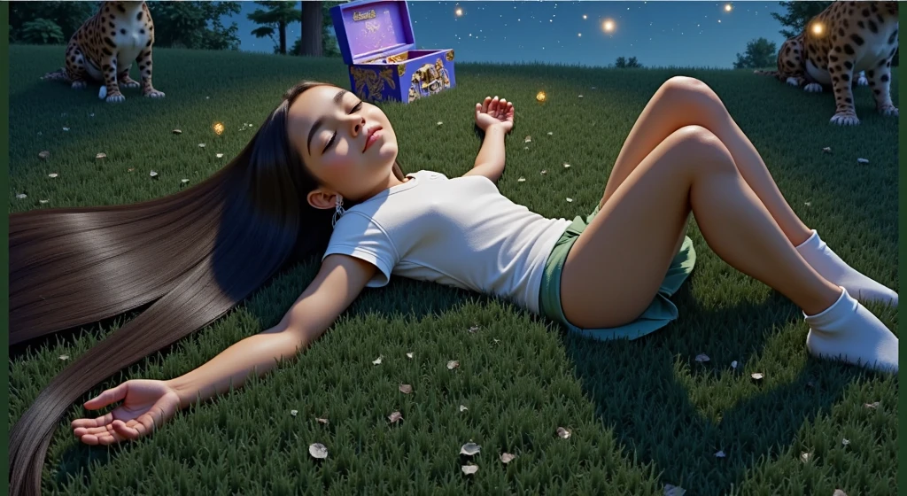 Inspired by the poster of a high quality and high resolution 3D Disney movie, set the image of a girl, ****, , *******, AGE: 12Y, BEAUTIFUL, SENSUAL AND ATTRACTIVE, lying on a grass using her arms as a pillow she has long straight black hair that spreads across the grass she is wearing a white t-shirt, she is wearing very short green safari style shorts she is wearing white socks she is with her eyes closed and sleeping deeply connected with nature, all the elements in the background, including the jaguar and the music box appear SMALLER AND BLURRED, ONLY AS ELEMENTS THAT COMPLEMENT THE SCENE, THE IMPORTANCE OF THE BOX IS THE LIGHT IT EMITS FROM ITS INTERIOR LIGHTING UP THE ENVIRONMENT AND THE NOTES MUSICALS THAT APPEAR ALMOST ETERNAL IN THE SCENE, BUT PRESENT IN THE ENTIRE ENVIRONMENT. In the background we see a jaguar lying down with its eyes closed and sleeping, an image blurred so as not to take attention away from the main character. Behind the jaguar, we have a blue music box with a white background, and I feel a white light that expands in the background of the environment, softly emitting golden musical notes that spread throughout the forest. The environment is a beautiful night of stars and a full moon. Around the girl, there are trees and plants typical of the Amazon. She is beautiful, sensual and attractive.