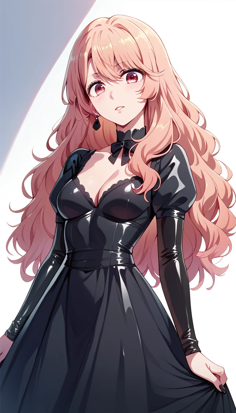 Miyako Saitou, long hair, wavy hair, strawberry blonde hair, red eyes ,  eyebrows, medium breasts, gothic dress, latex, 