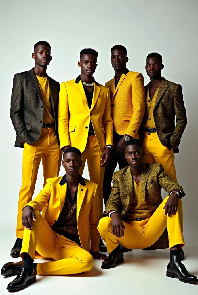 two men in yellow shirts and black pants standing next to each other, inspired by Ras Akyem, mix between tribal and hi-tech, in style of nadine ijewere, in style of davey adesida, in a spiky tribal style, inspired by Theo Constanté, inspired by Matija Jama, edited, masculine appeal high fashion