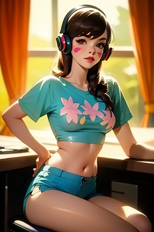 d.va (overwatch),overwatch,1girl, shorts, solo, crop top, sitting, midriff, headphones, breasts, whisker markings, brown hair, indoors, chair, facial mark, socks, shirt, medium breasts, long hair, looking at viewer, brown eyes, navel, window, rabbit print, kneehighs, keyboard (computer), blue shirt, nose, realistic, animal print, blue shorts, swivel chair, short shorts, lips, cropped shirt, covered nipples, facepaint, monitor, short sleeves, computer, asian, curtains, striped socks, knee up, artist name, gaming chair, casual, pink lips, swept bangs, blue socks, fingernails, dolphin shorts, desk, character name, office chair, closed mouth, day, mouse (computer), web address, signature, stomach, patreon username